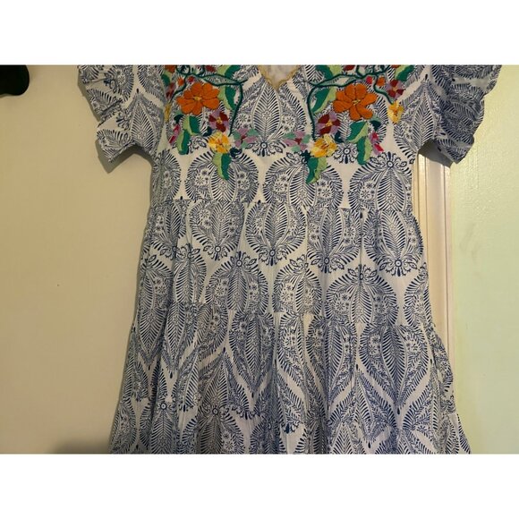 THML Dress Womens XS Blue White Embroidered Floral Ruffle Sleeve Boho Cottagecor - Picture 9 of 13